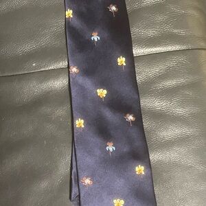 Brioni Navy Silk Tie with Yellow and Light Blue Floral Accents